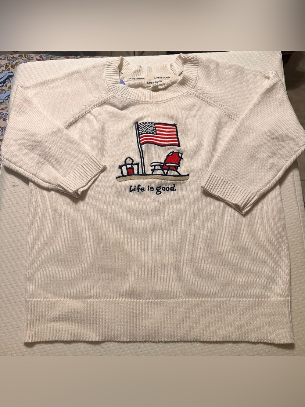 Life Is Good White Crewneck Sweater with Patriotic Beach Graphic